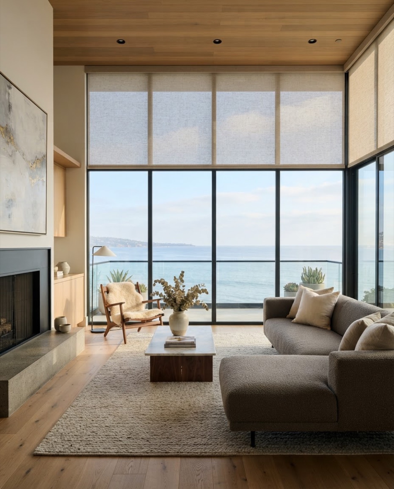 Floor-to-ceiling windows with motorized linen roller shades partially lowered in a modern coastal San Diego living room